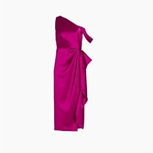 Amsale draped satin one-shoulder midi dress in fuchsia